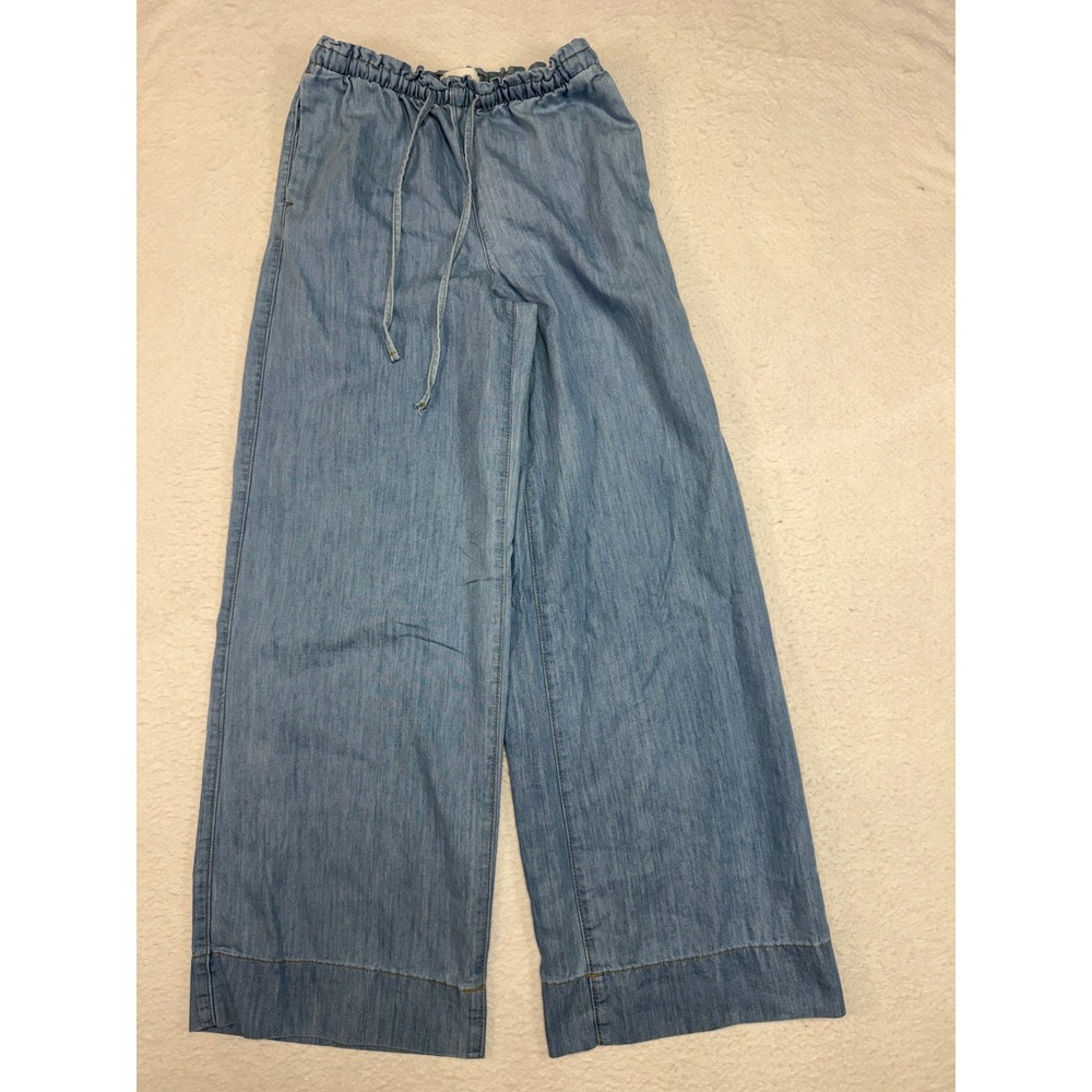 HM Womens XS Blue Chambray Wide Leg Drawstring Elastic Waist Pants Trousers